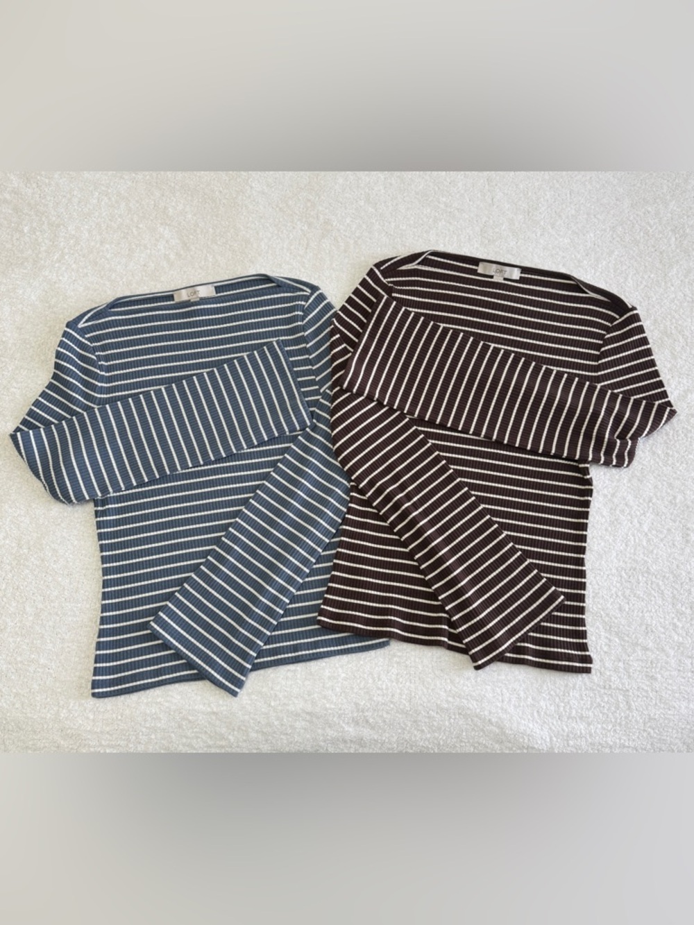 LOFT Ribbed Boatneck Top in Blue and Brown Stripes Bundle (2)